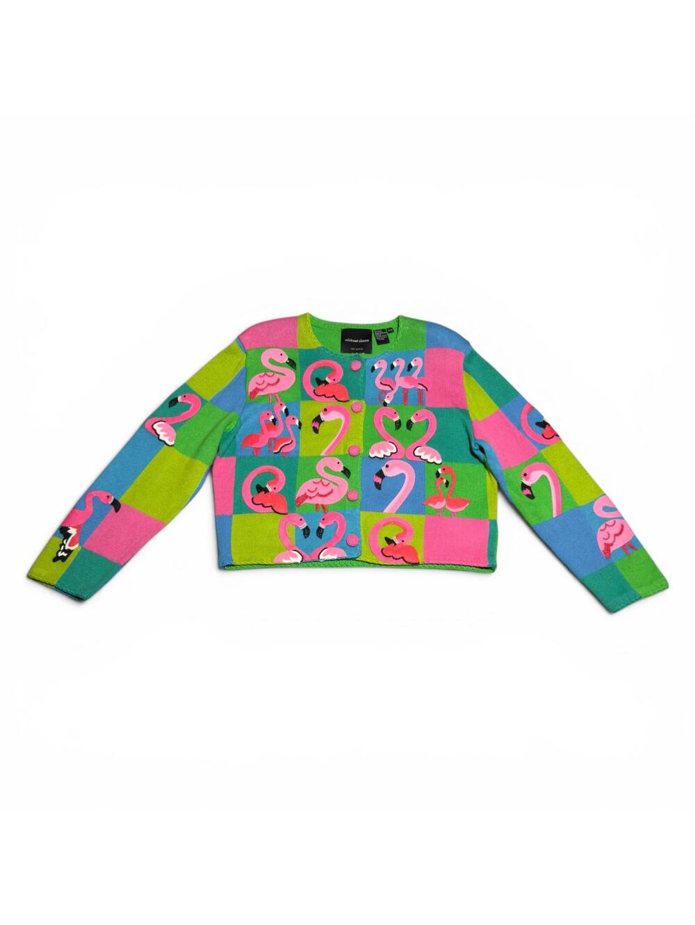 Michael Simon Cropped Flamingo Colorblock Cardigan in Pink, Green, Blue
